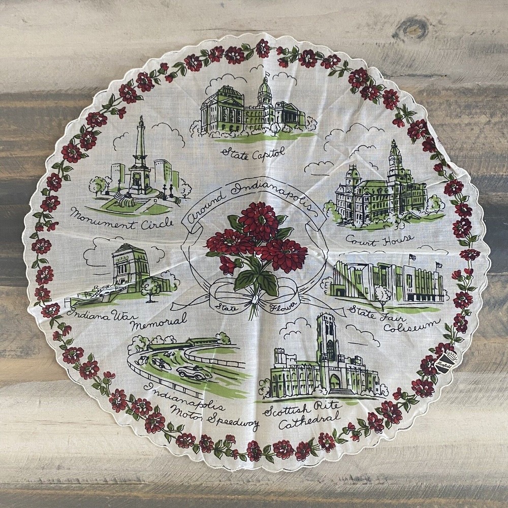 Vintage Around Indianapolis Souvenir Round Handkerchief Scalloped Edge Unused